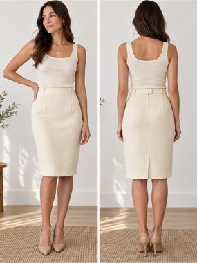 Fordan Vintage Cream Wool Blend Pencil Skirt Size 44 Classic Minimalist